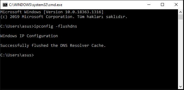 Windows'ta komut satırından (cmd) DNS önbelleği temizleme