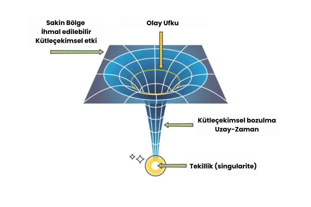 Kara deliğin olay ufku ve merkezindeki tekilliği gösteren şema