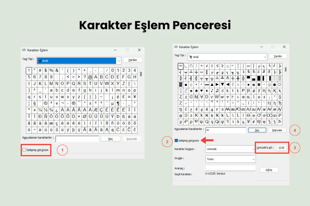Karakter eşlem penceresi üzerinden sonsuzluk işareti yapmak